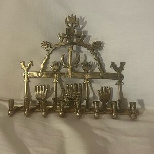 vintage judaica hamsa shapes brass wall mounted menorah Andrea by Sadek